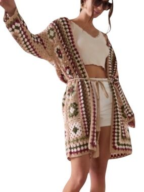 Francesca’s Sz L/XL “Tabby” Long Line Braided Tassel Tie Crochet Cardigan NWT